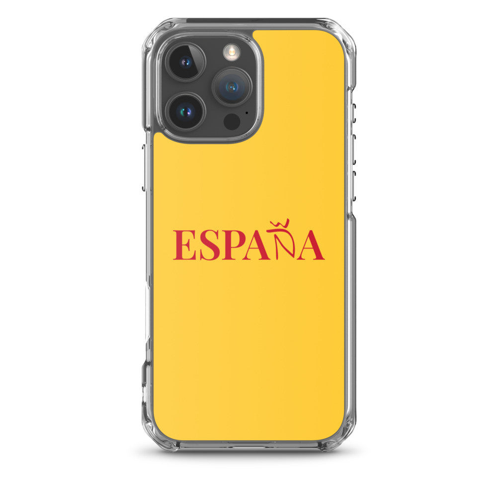 Carcasa transparente iPhone ESPAÑA de color amarillo y letra rojo