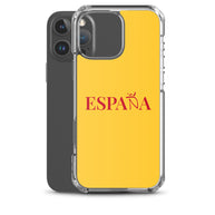 Carcasa transparente iPhone ESPAÑA de color amarillo y letra rojo