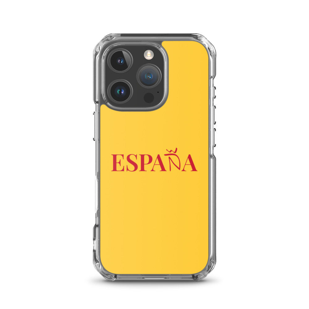 Carcasa transparente iPhone ESPAÑA de color amarillo y letra rojo