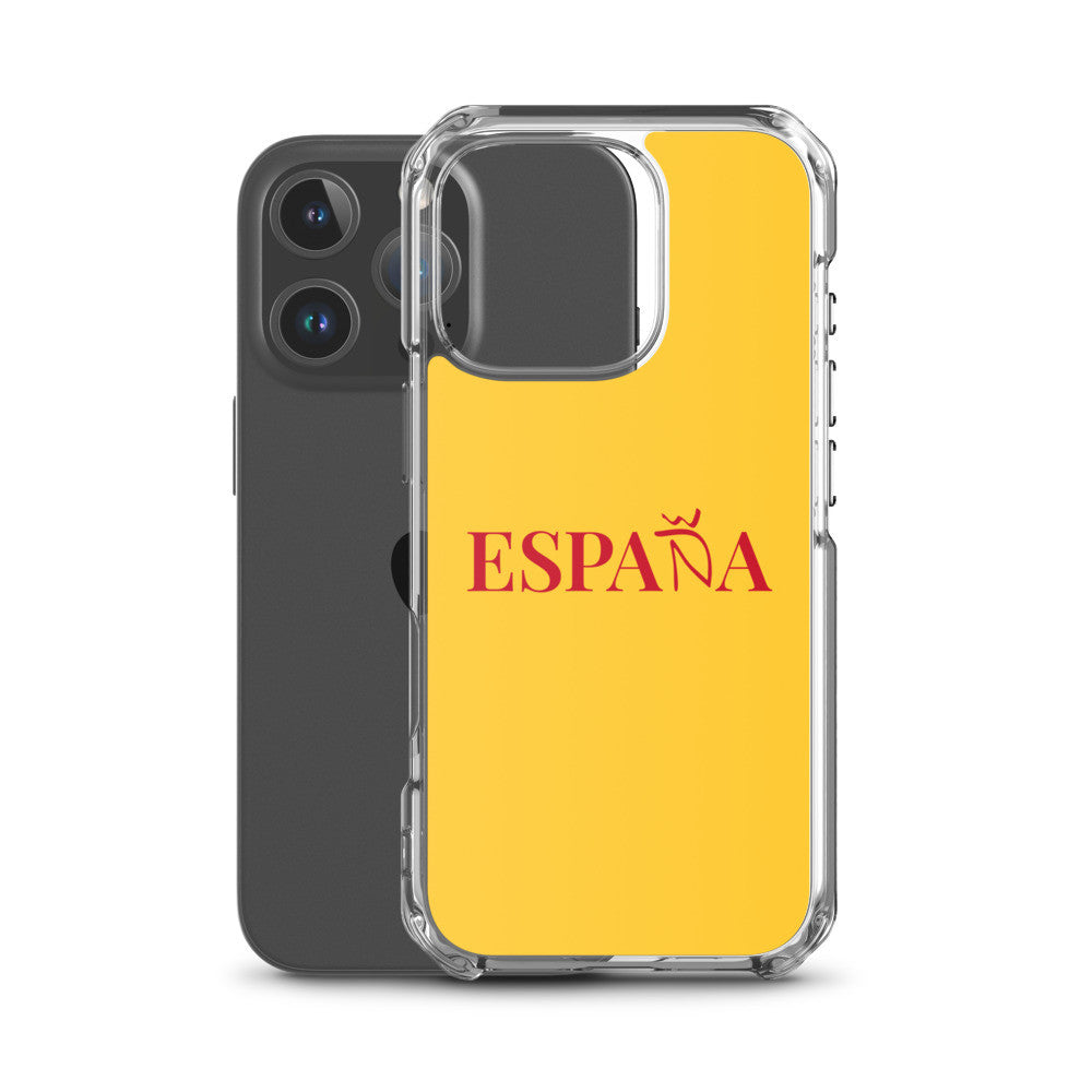 Carcasa transparente iPhone ESPAÑA de color amarillo y letra rojo