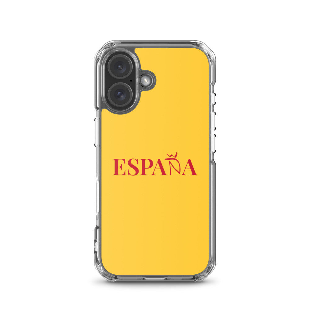 Carcasa transparente iPhone ESPAÑA de color amarillo y letra rojo