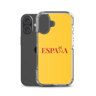 Carcasa transparente iPhone ESPAÑA de color amarillo y letra rojo