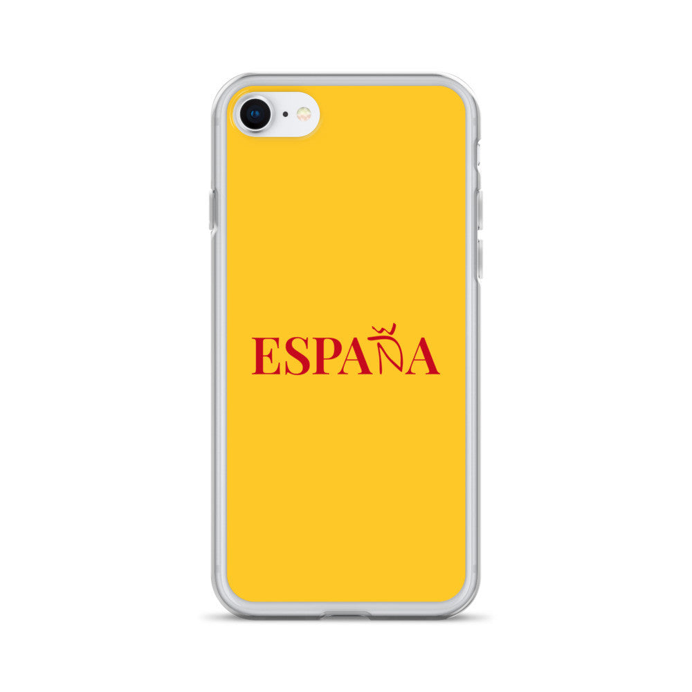 Carcasa transparente iPhone ESPAÑA de color amarillo y letra rojo