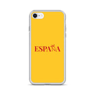 Carcasa transparente iPhone ESPAÑA de color amarillo y letra rojo