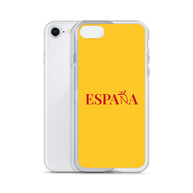 Carcasa transparente iPhone ESPAÑA de color amarillo y letra rojo