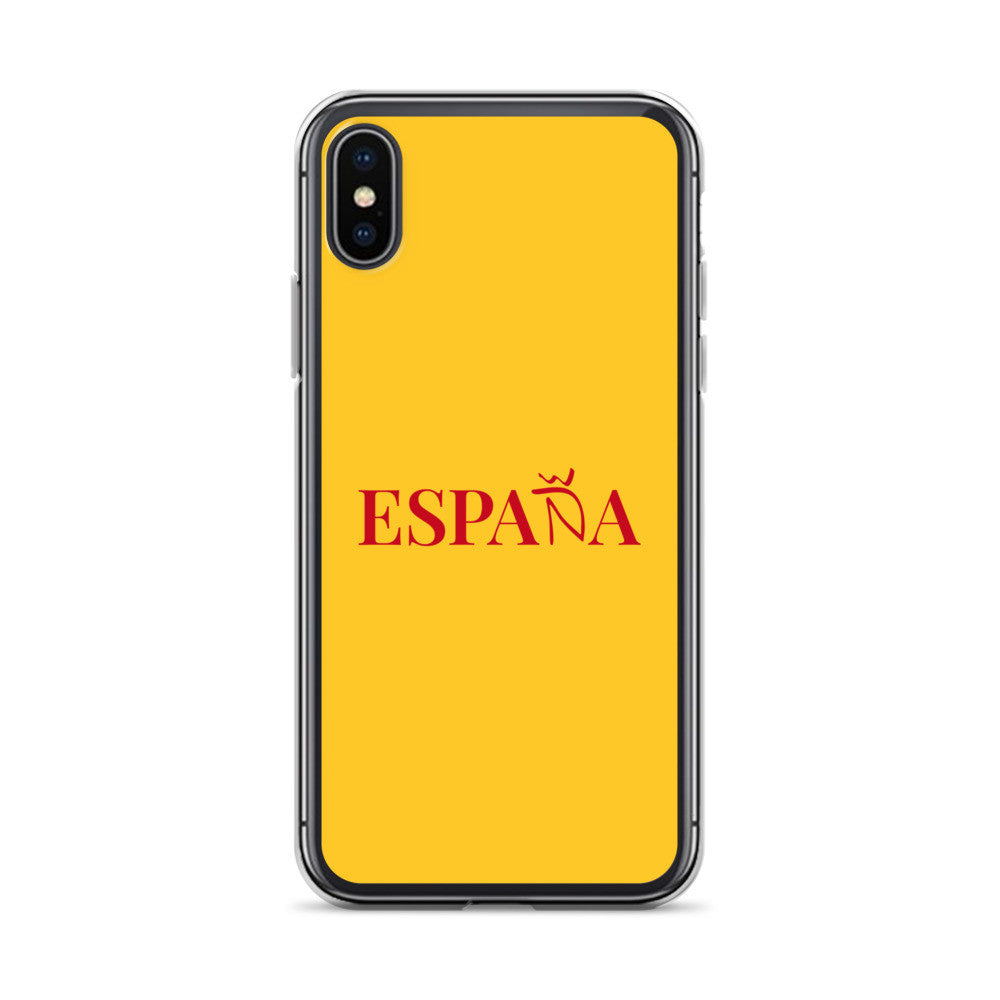 Carcasa transparente iPhone ESPAÑA de color amarillo y letra rojo
