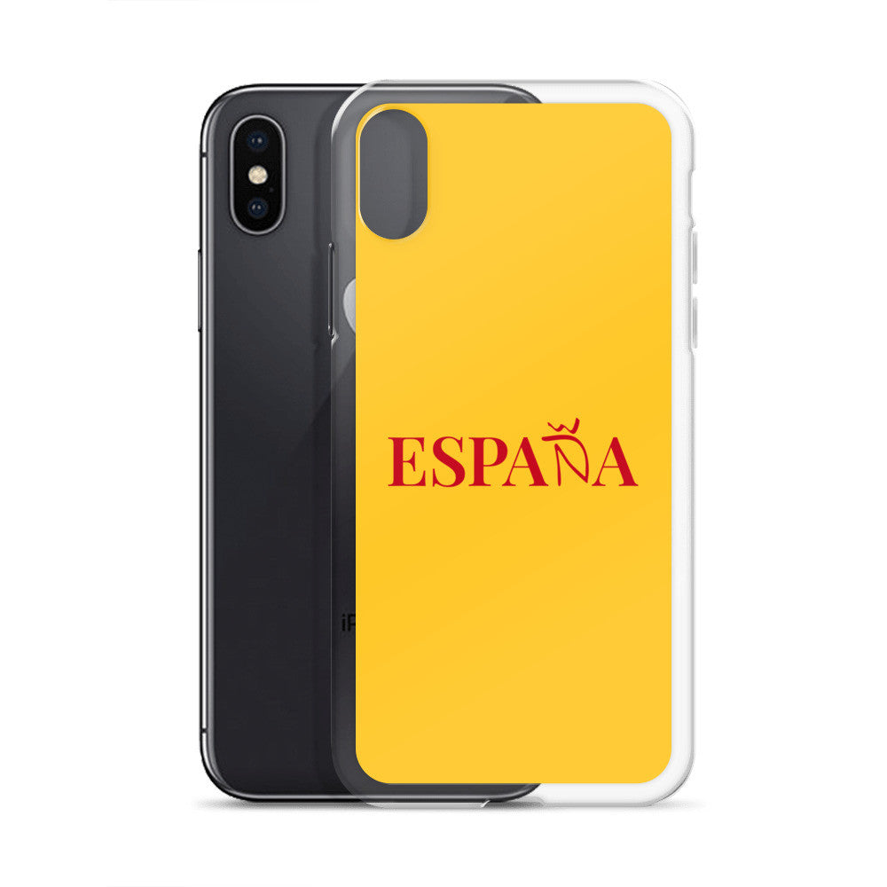 Carcasa transparente iPhone ESPAÑA de color amarillo y letra rojo