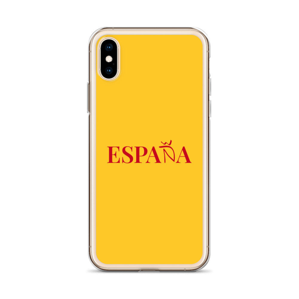 Carcasa transparente iPhone ESPAÑA de color amarillo y letra rojo