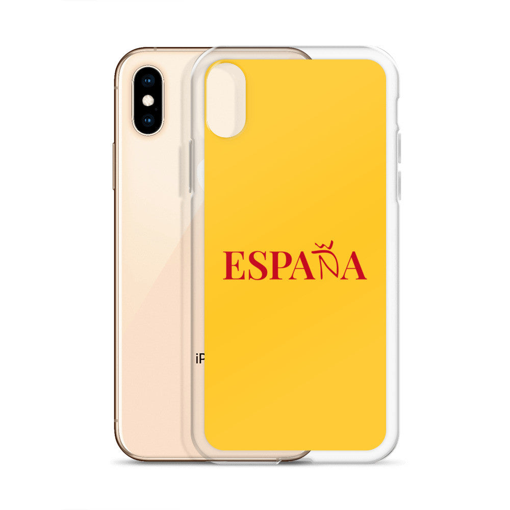 Carcasa transparente iPhone ESPAÑA de color amarillo y letra rojo