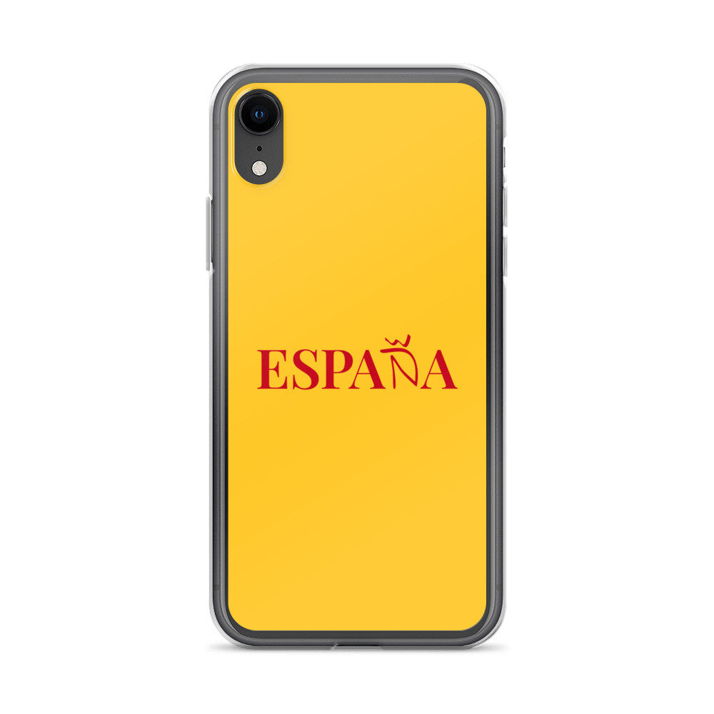Carcasa transparente iPhone ESPAÑA de color amarillo y letra rojo