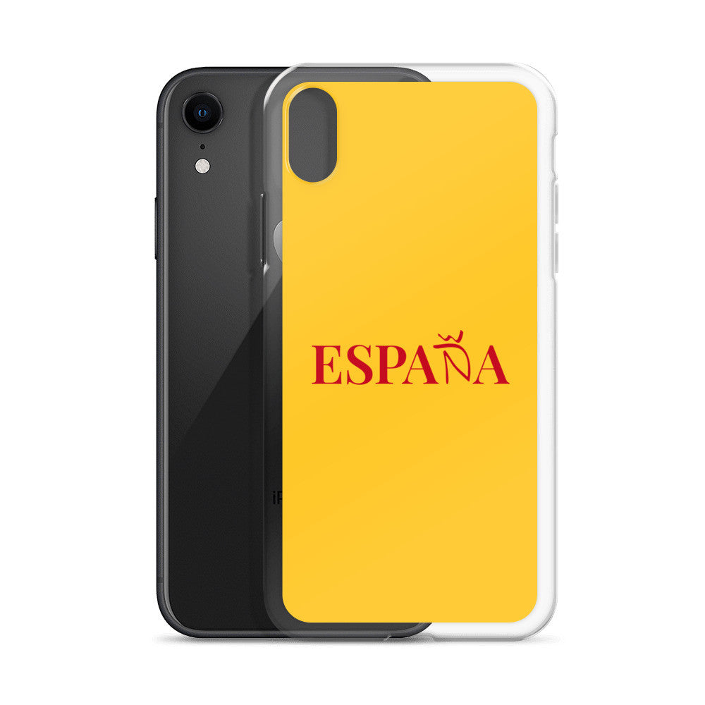 Carcasa transparente iPhone ESPAÑA de color amarillo y letra rojo