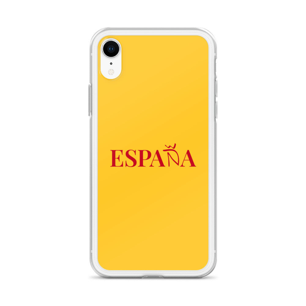 Carcasa transparente iPhone ESPAÑA de color amarillo y letra rojo