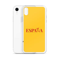 Carcasa transparente iPhone ESPAÑA de color amarillo y letra rojo