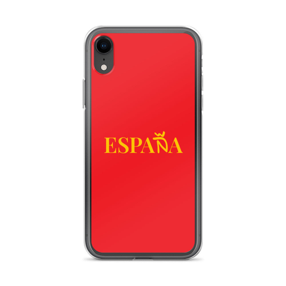 Carcasa transparente iPhone ESPAÑA de color amarillo y letra dorada
