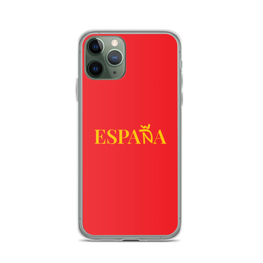 Carcasa transparente iPhone ESPAÑA de color amarillo y letra dorada