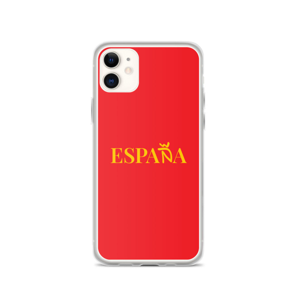 Carcasa transparente iPhone ESPAÑA de color amarillo y letra dorada