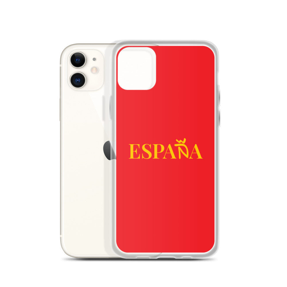 Carcasa transparente iPhone ESPAÑA de color amarillo y letra dorada