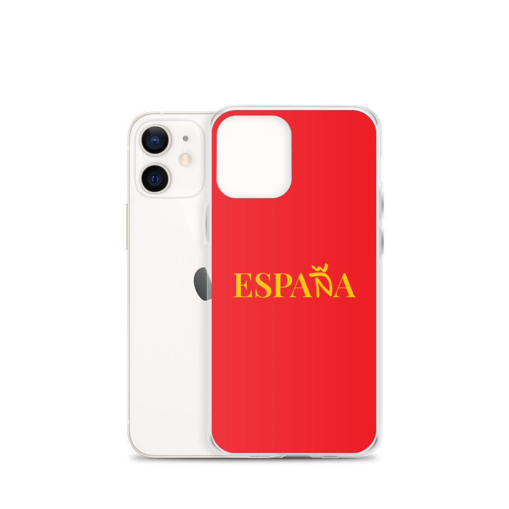 Carcasa transparente iPhone ESPAÑA de color amarillo y letra dorada