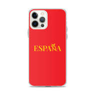 Carcasa transparente iPhone ESPAÑA de color amarillo y letra dorada