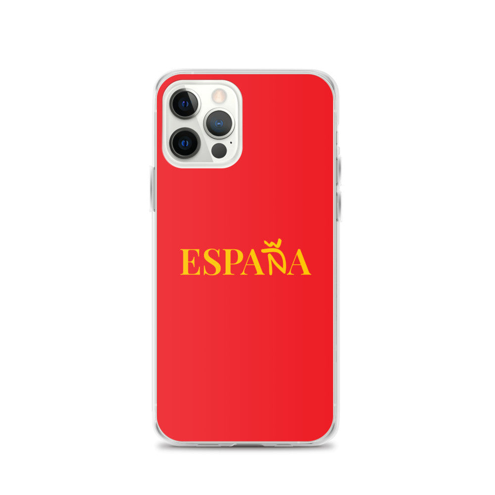 Carcasa transparente iPhone ESPAÑA de color amarillo y letra dorada