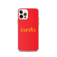 Carcasa transparente iPhone ESPAÑA de color amarillo y letra dorada