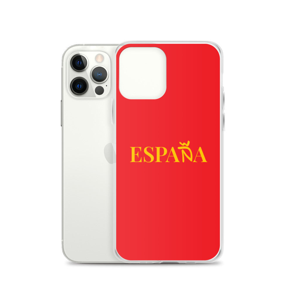 Carcasa transparente iPhone ESPAÑA de color amarillo y letra dorada