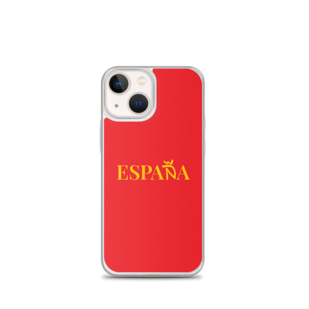 Carcasa transparente iPhone ESPAÑA de color amarillo y letra dorada