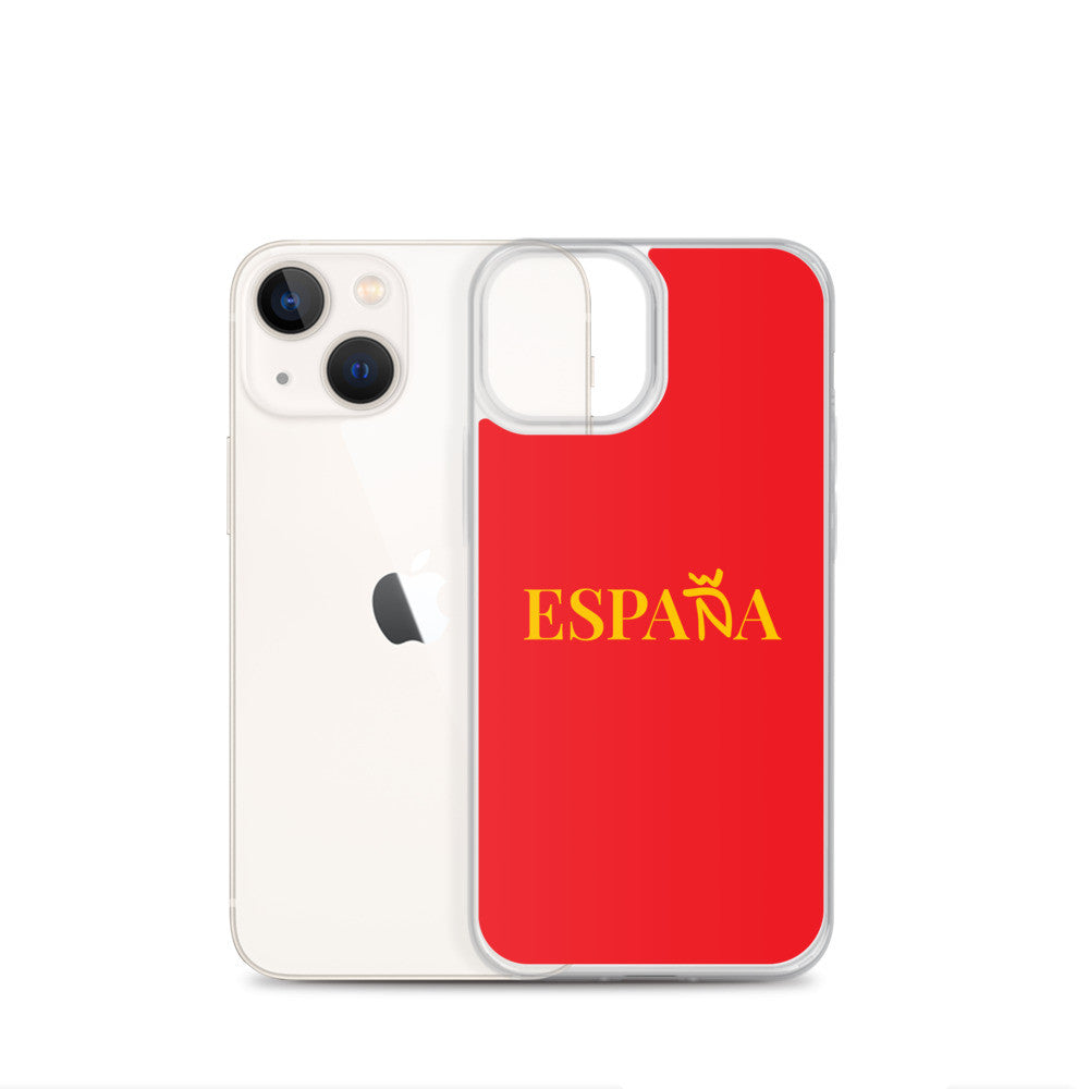 Carcasa transparente iPhone ESPAÑA de color amarillo y letra dorada