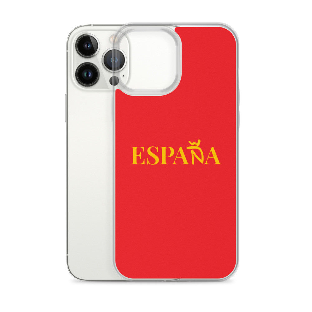 Carcasa transparente iPhone ESPAÑA de color amarillo y letra dorada
