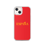 Carcasa transparente iPhone ESPAÑA de color amarillo y letra dorada