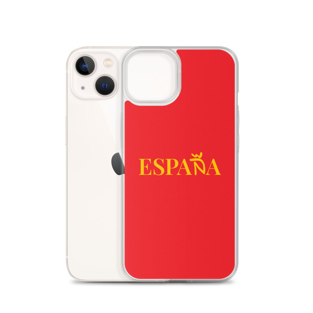 Carcasa transparente iPhone ESPAÑA de color amarillo y letra dorada