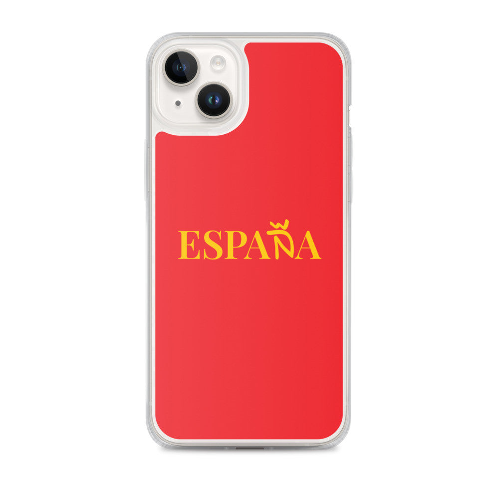 Carcasa transparente iPhone ESPAÑA de color amarillo y letra dorada