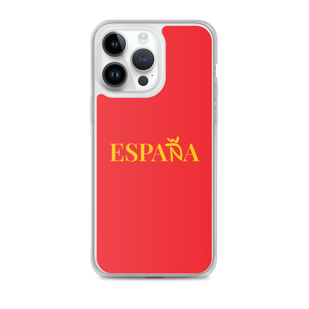 Carcasa transparente iPhone ESPAÑA de color amarillo y letra dorada