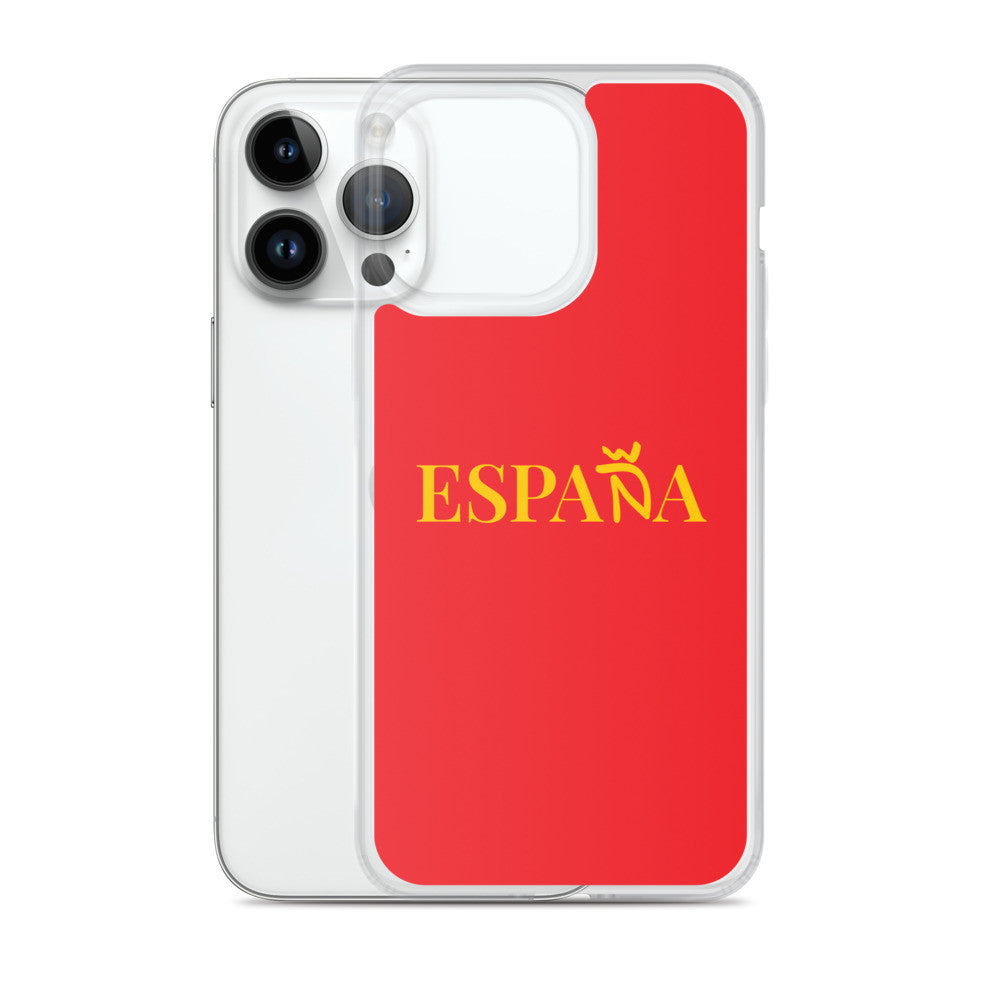 Carcasa transparente iPhone ESPAÑA de color amarillo y letra dorada