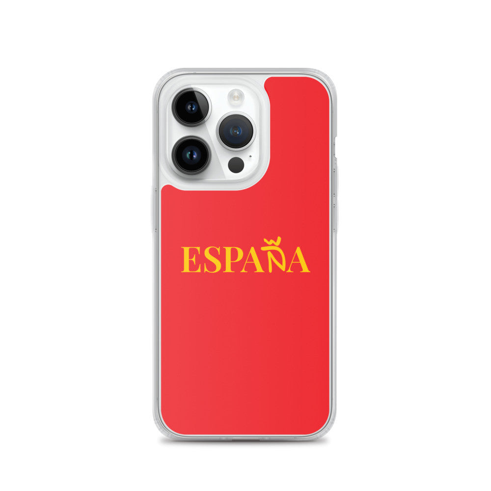 Carcasa transparente iPhone ESPAÑA de color amarillo y letra dorada