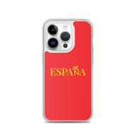 Carcasa transparente iPhone ESPAÑA de color amarillo y letra dorada