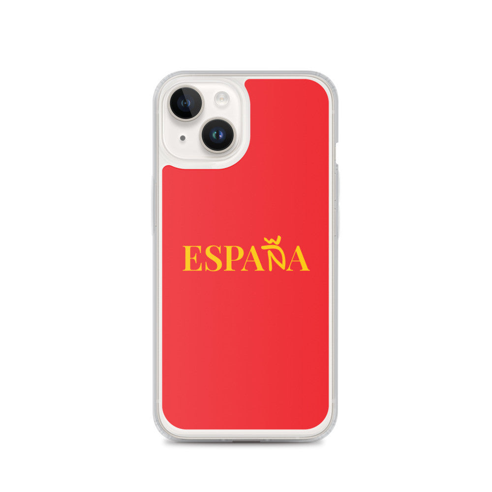 Carcasa transparente iPhone ESPAÑA de color amarillo y letra dorada
