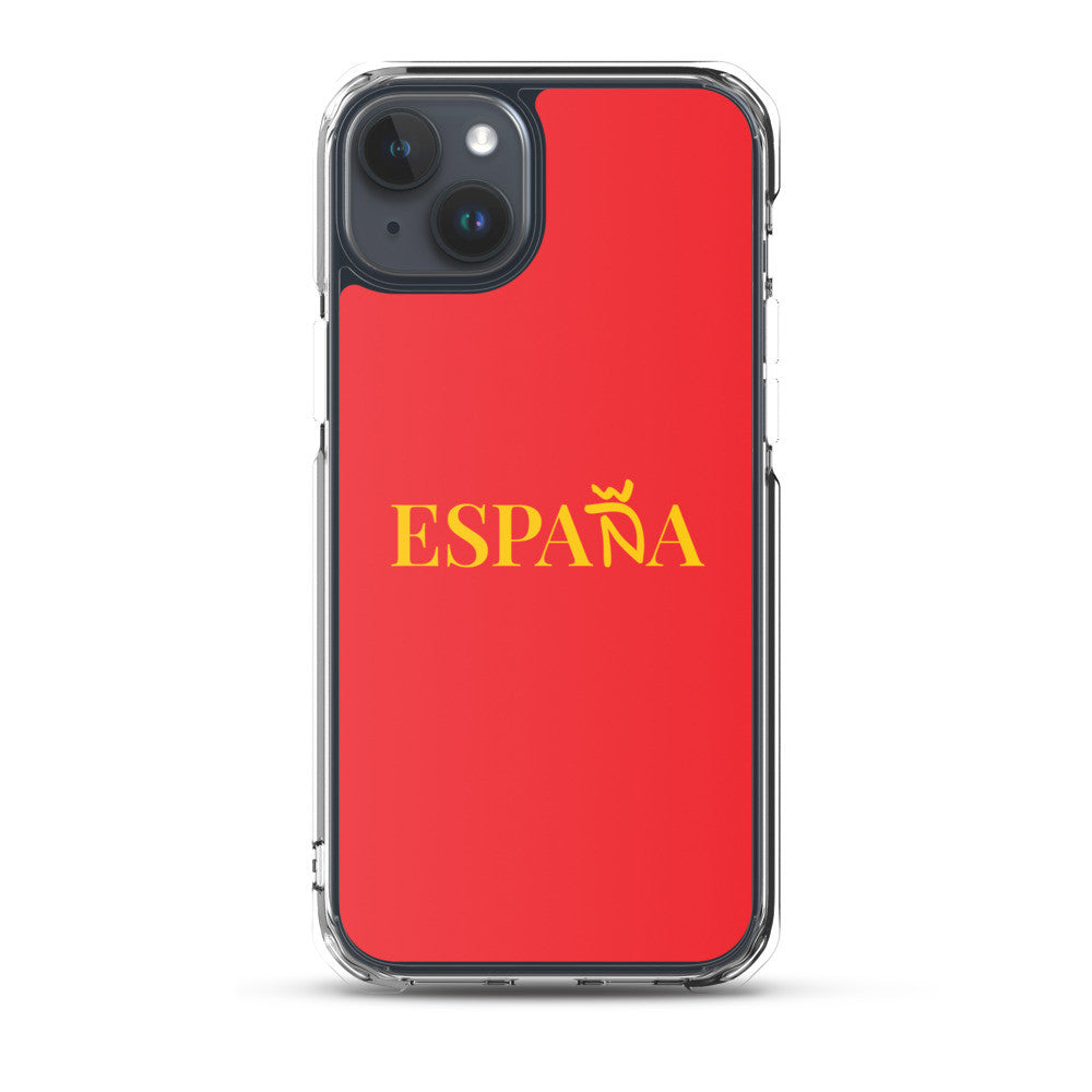 Carcasa transparente iPhone ESPAÑA de color amarillo y letra dorada