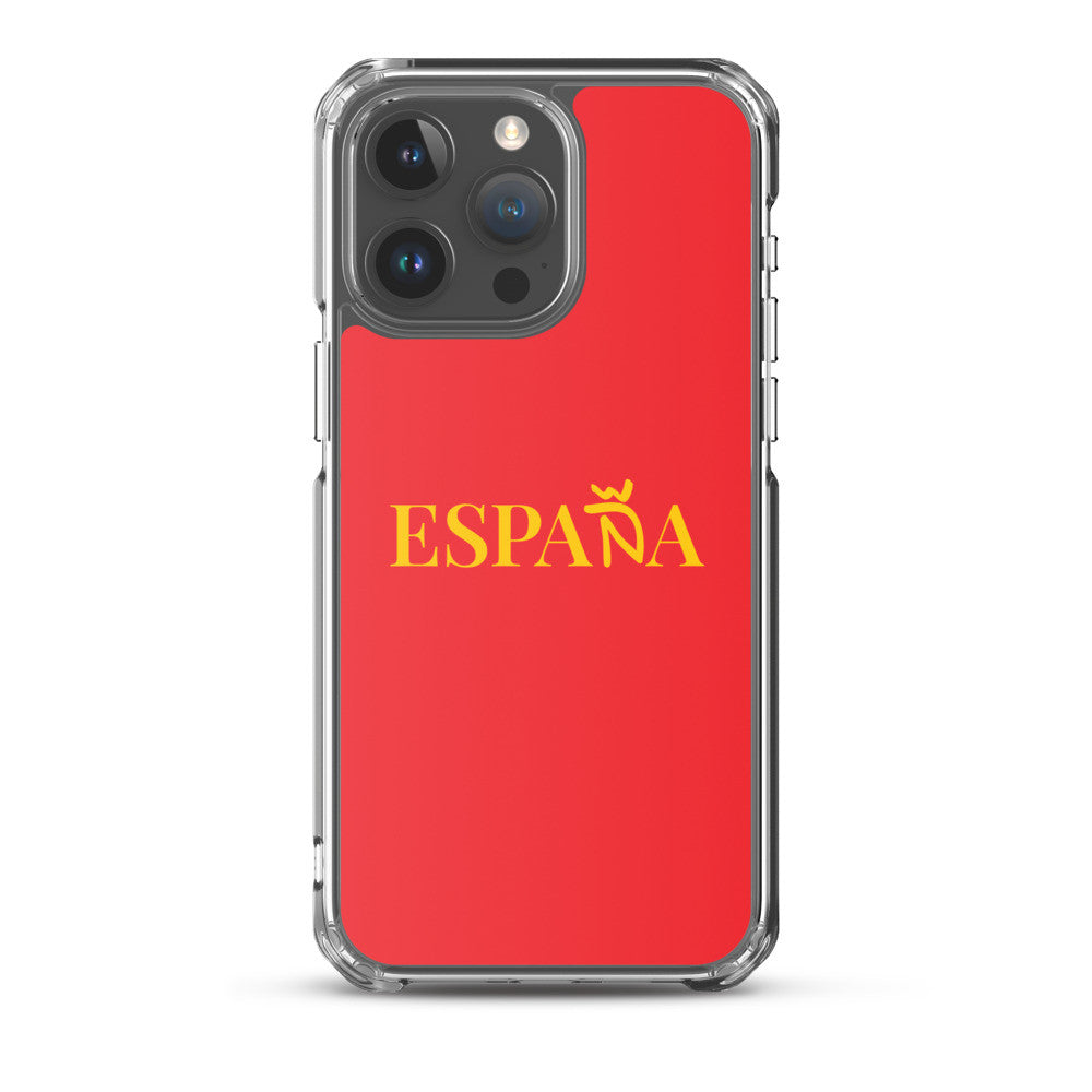 Carcasa transparente iPhone ESPAÑA de color amarillo y letra dorada