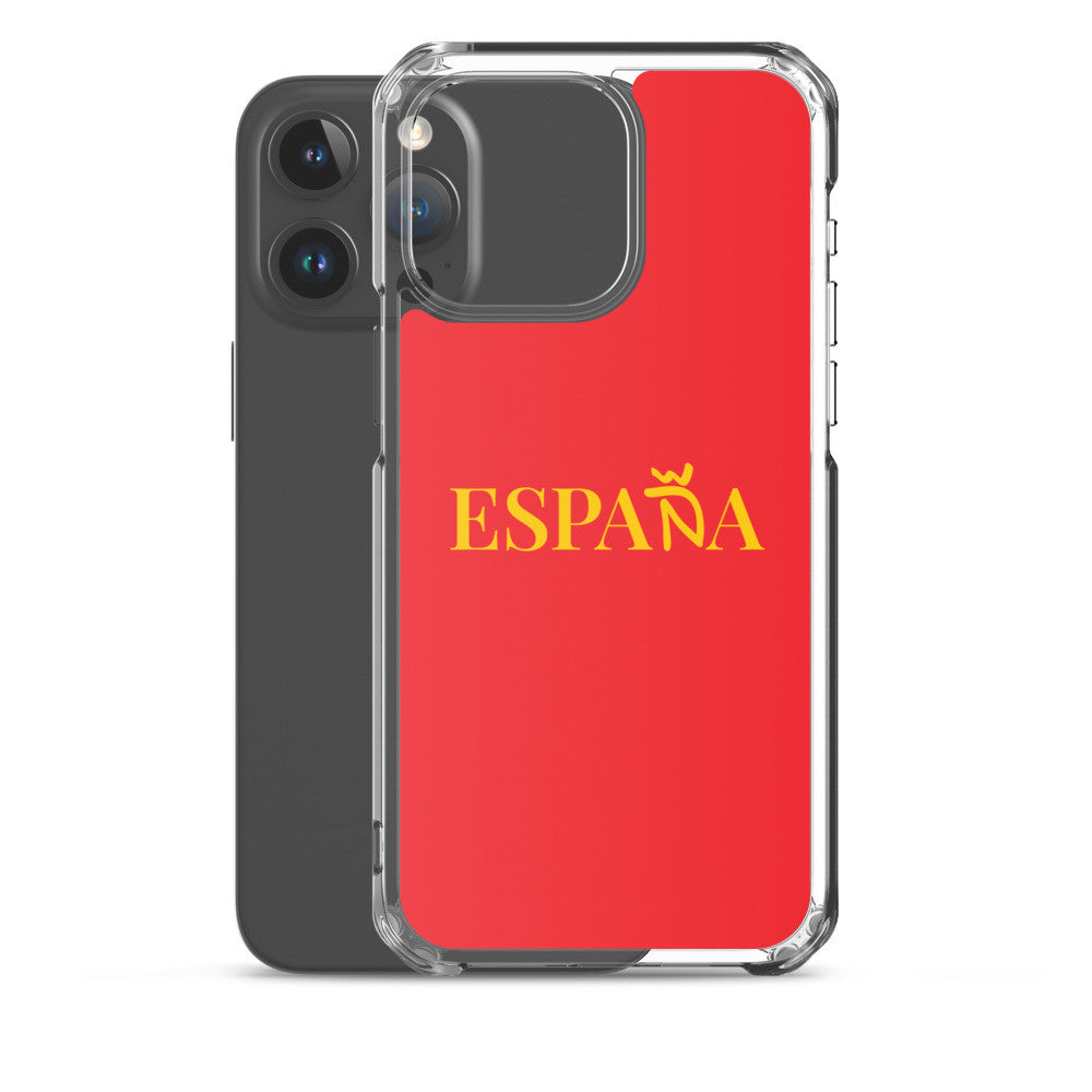 Carcasa transparente iPhone ESPAÑA de color amarillo y letra dorada