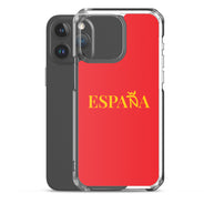 Carcasa transparente iPhone ESPAÑA de color amarillo y letra dorada