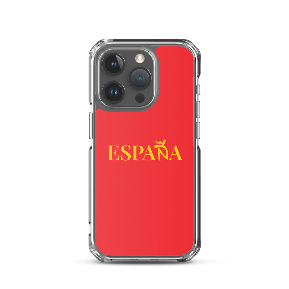 Carcasa transparente iPhone ESPAÑA de color amarillo y letra dorada