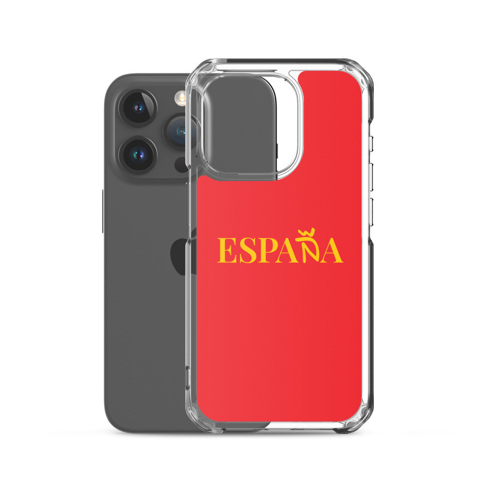Carcasa transparente iPhone ESPAÑA de color amarillo y letra dorada