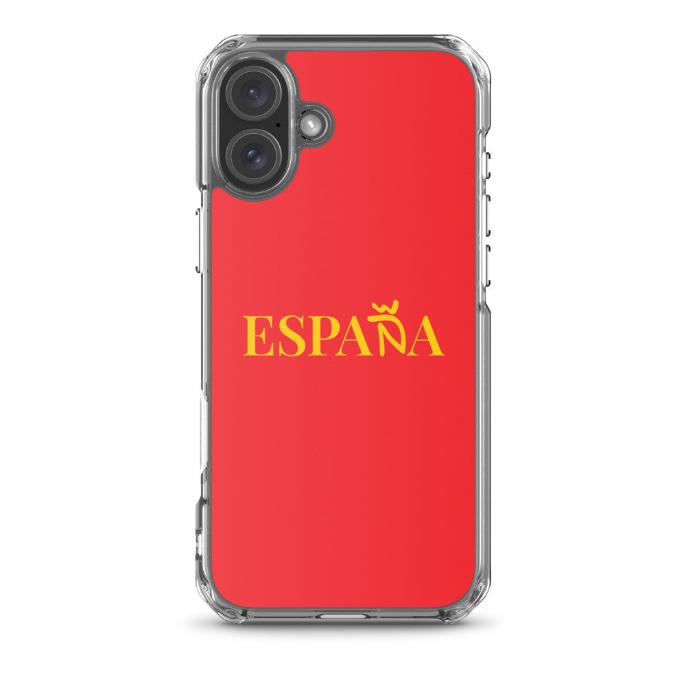 Carcasa transparente iPhone ESPAÑA de color amarillo y letra dorada