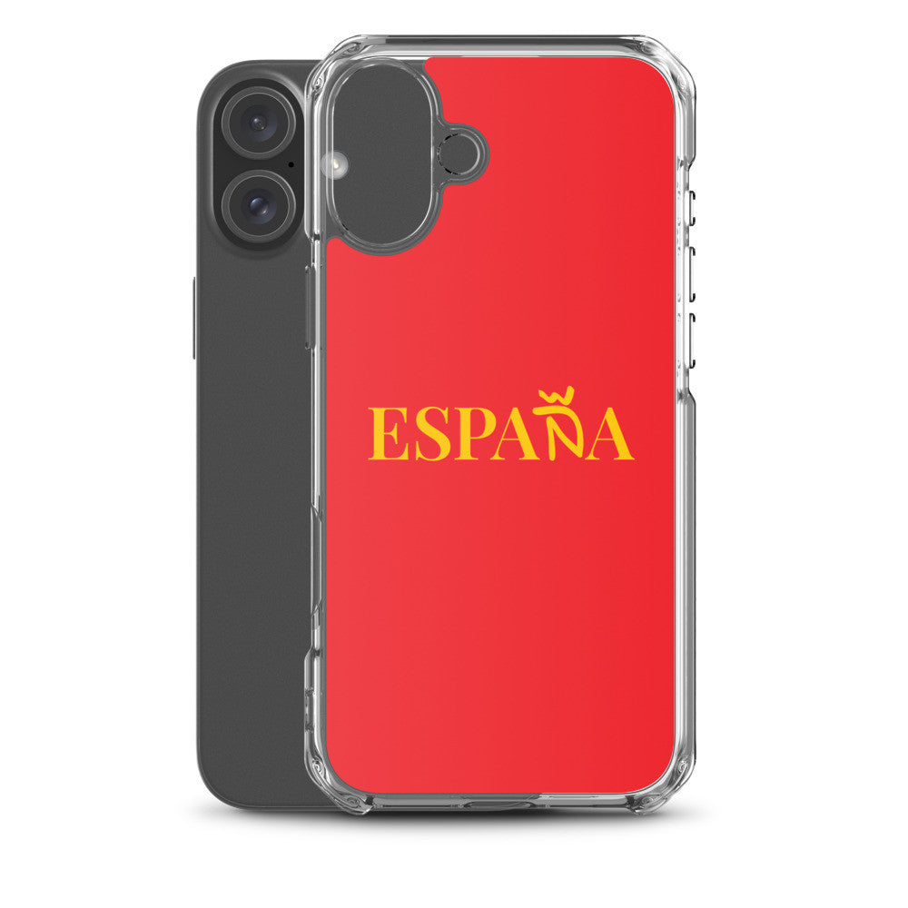 Carcasa transparente iPhone ESPAÑA de color amarillo y letra dorada