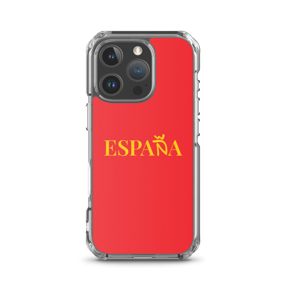 Carcasa transparente iPhone ESPAÑA de color amarillo y letra dorada