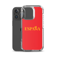 Carcasa transparente iPhone ESPAÑA de color amarillo y letra dorada