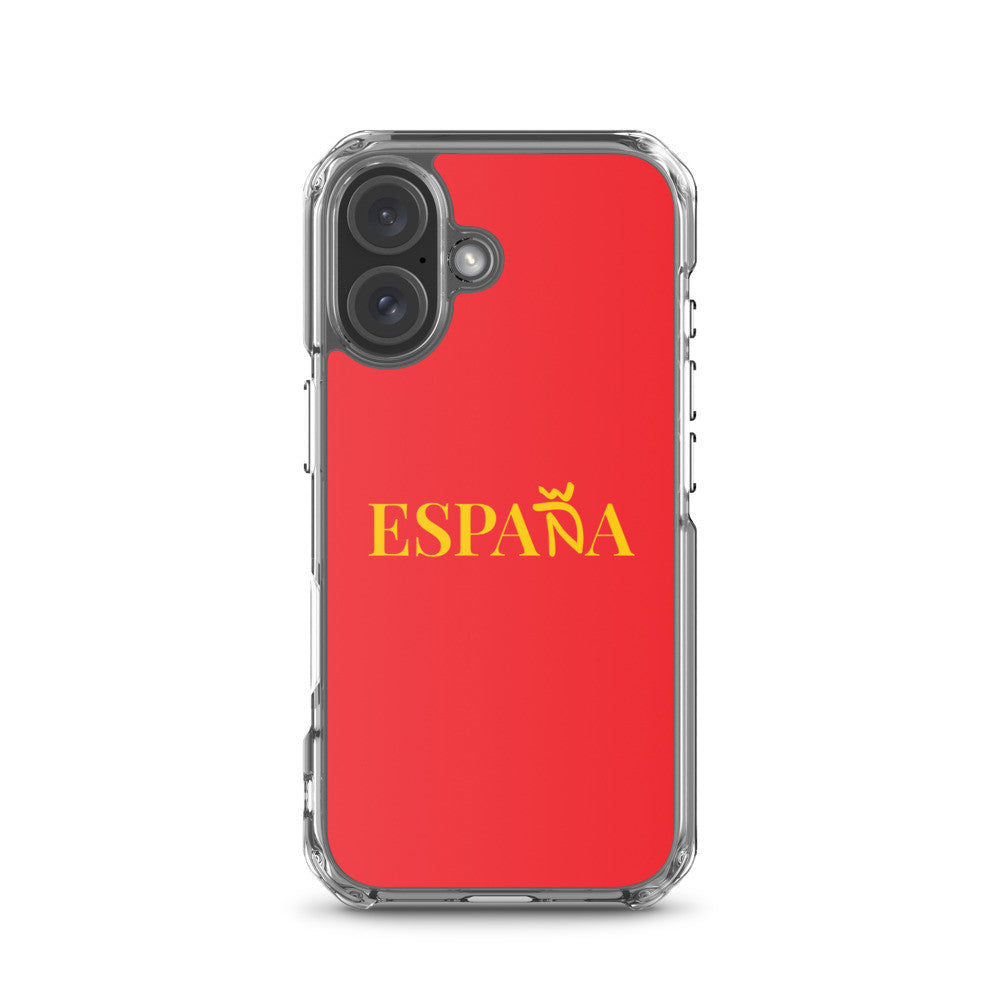 Carcasa transparente iPhone ESPAÑA de color amarillo y letra dorada