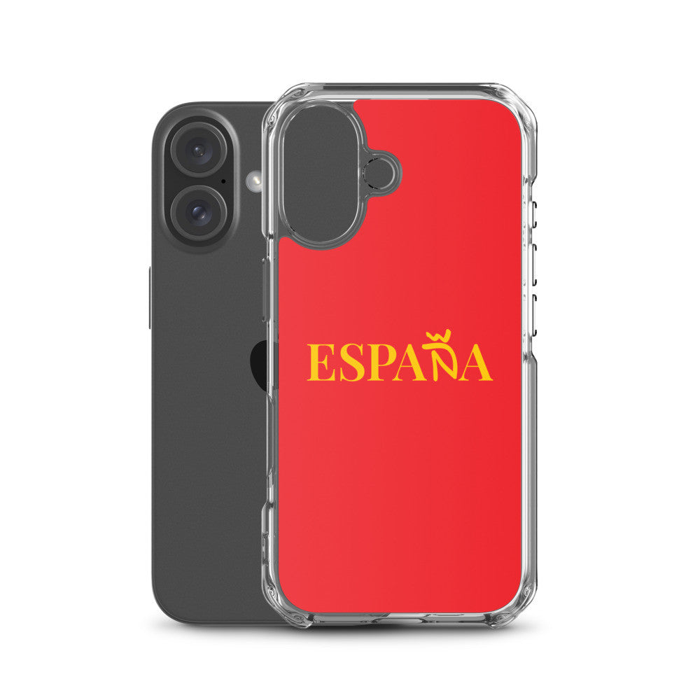 Carcasa transparente iPhone ESPAÑA de color amarillo y letra dorada