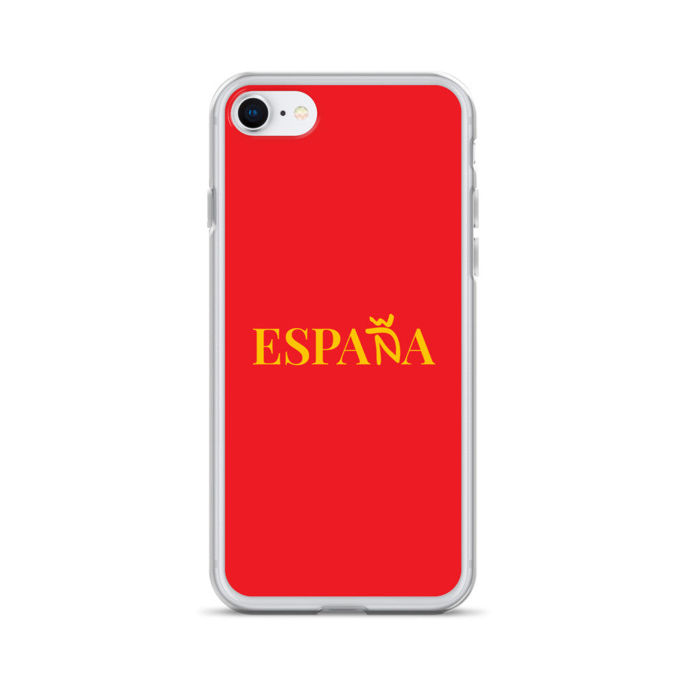 Carcasa transparente iPhone ESPAÑA de color amarillo y letra dorada